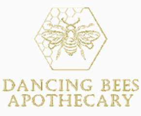 Gold logo featuring a bee inside a hexagon with honeycomb pattern, with text 'Dancing Bees Apothecary' below.