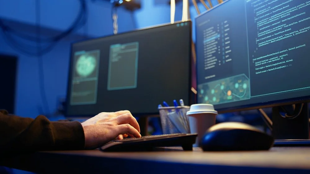A person's hand typing on a keyboard in front of two computer monitors displaying code and a digital interface, with a coffee cup and office supplies on the desk.