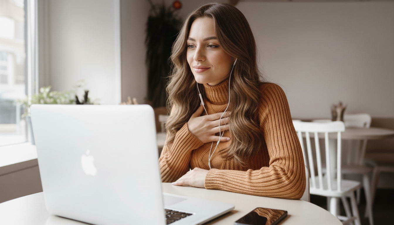 A young woman with long, wavy brown hair wearing a mustard-colored turtleneck sweater, sitting at a white table with an open MacBook in front of her. She is touching her chest with her right hand and has white earphones in her ears. The background shows a window with natural light and some chairs and plants inside the room.