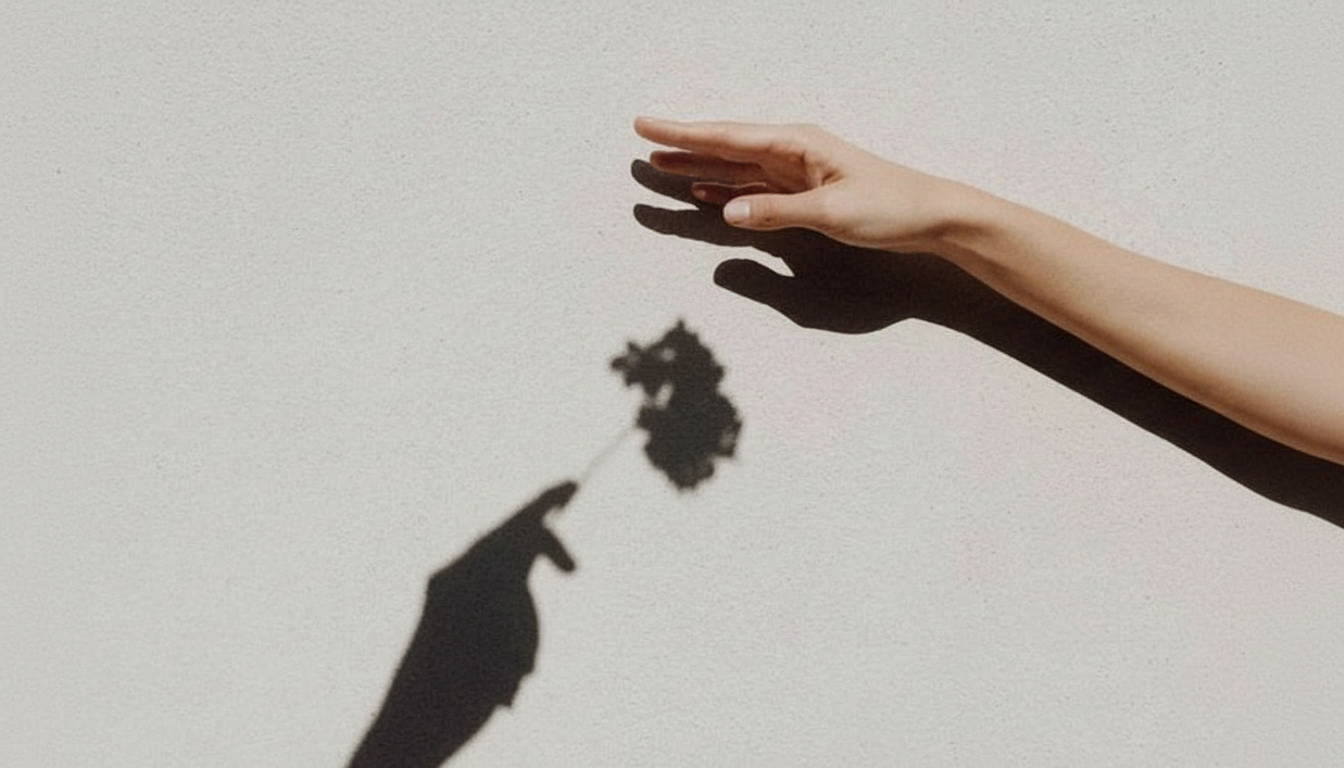 A person's hand is reaching out with fingers extended towards the right, casting a shadow on a wall. The shadow depicts another hand holding a small flower bottle with a flower-like plant or bouquet emerging from it.