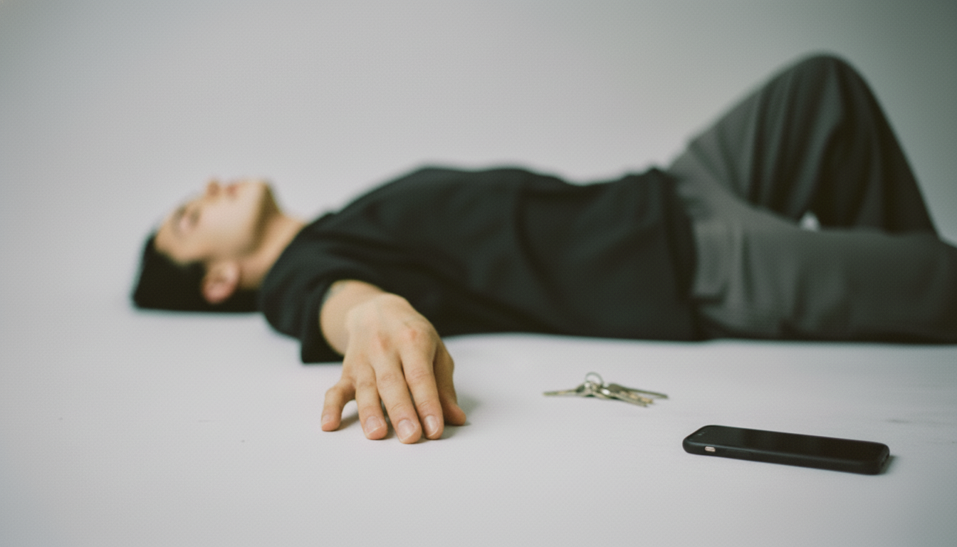 A person lies on the floor with their eyes closed, wearing a black shirt and pants. Items near them include a set of keys and a black smartphone.