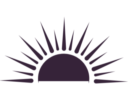 Stylized purple sunset with rays emanating from a curved horizon line.