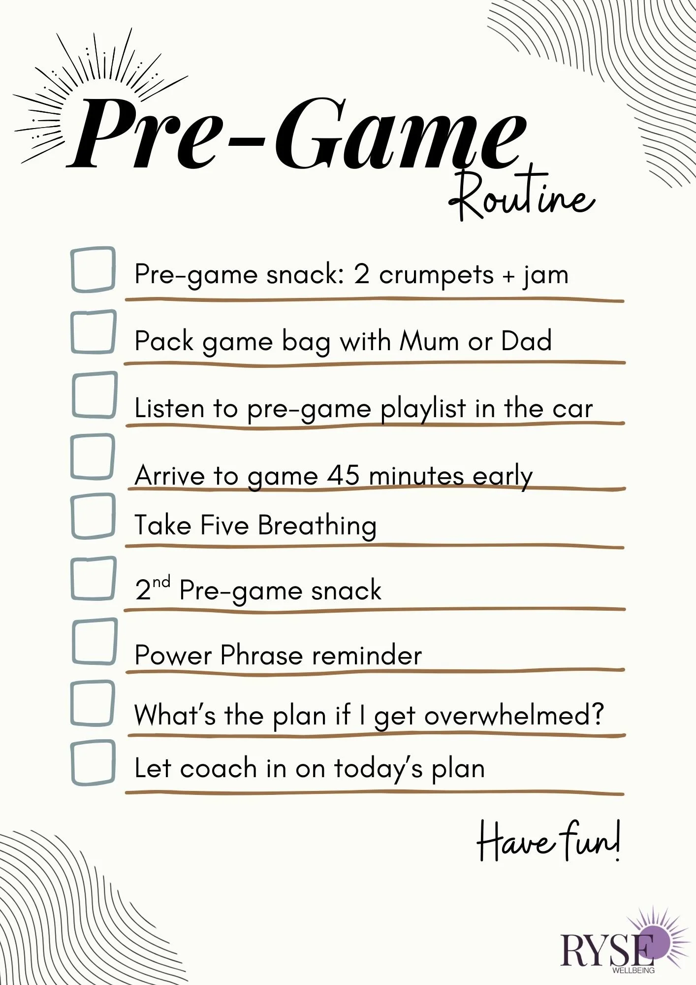 Pre-performance routine checklist with examples filled.
