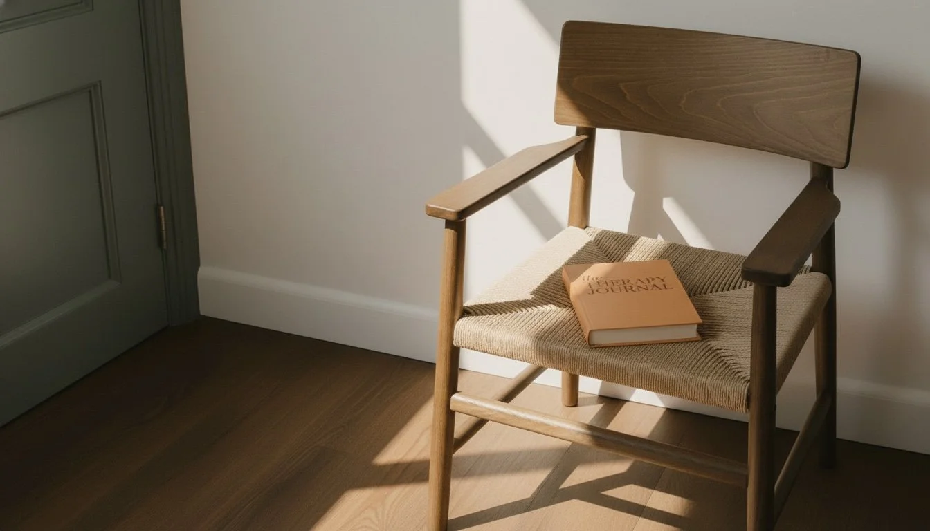 Therapy for teens and young adults. A wooden chair with a woven seat and a book titled 'The Diary Journal' resting on it, next to a white wall and door, with sunlight casting shadows on the chair.