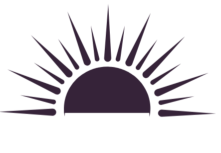 Stylized sunrise with a semi-circle and radiating lines in purple on a black background.
