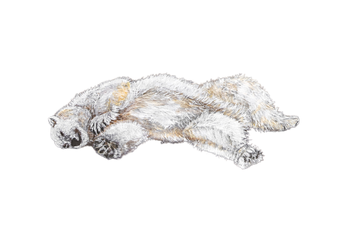 A realistic illustration of a sleeping puppy laying on its side with its eyes closed, fur in shades of white and light brown.