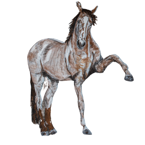 A horse with a foal that's raising its front leg.