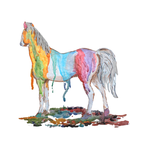 Watercolor painting of a horse with rainbow-colored stripes and a gray mane and tail, standing on a multicolored ground.