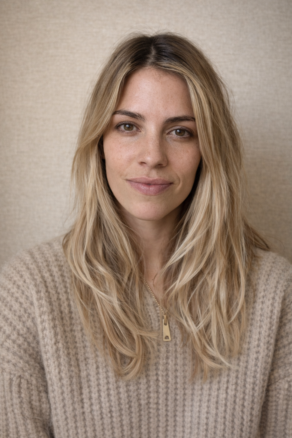 Portrait d'une femme blonde portant un sweat beige, souriant légèrement, avec un fond neutre.