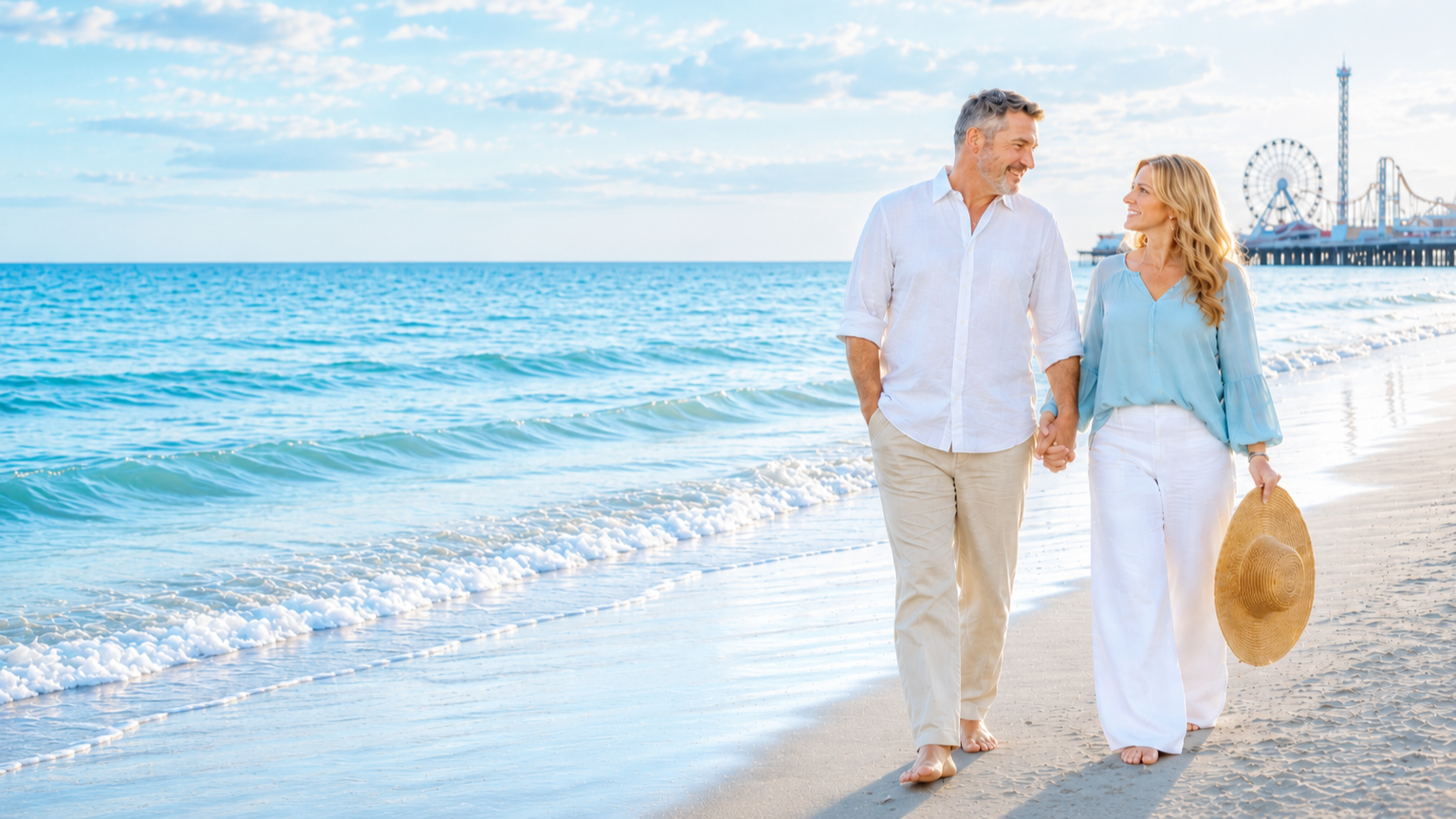 A couple walks along Galveston beach.