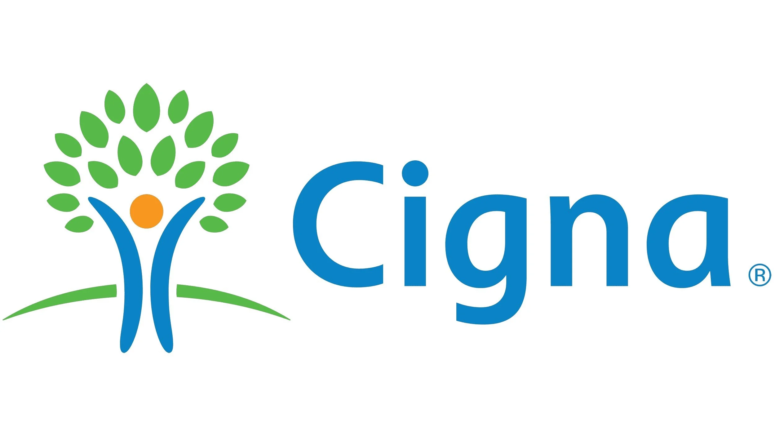Logo with stylized figure of a person, green leaves resembling a tree, orange circle above the person, and blue text 'Cigna'.
