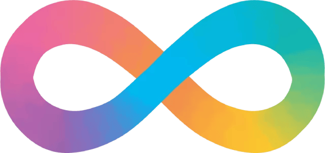 Colorful infinity symbol with gradients of purple, pink, blue, orange, and yellow against a black background.