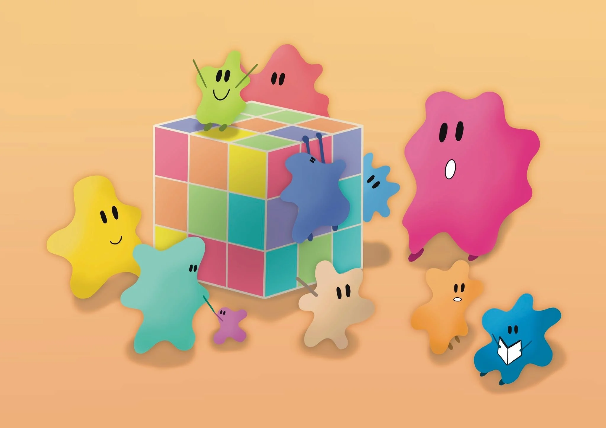🎨 Rubik's Cube v.2 |  Projet print carte postale
Mes Ziribouilles d&eacute;couvrent un Rubik's Cube ! Version retravaill&eacute;e d'une de mes premi&egrave;res illustrations. 
Je les aime d'amour ❤️❤️❤️

🎁 Y'a plein de fonds d'&eacute;cran gratuits