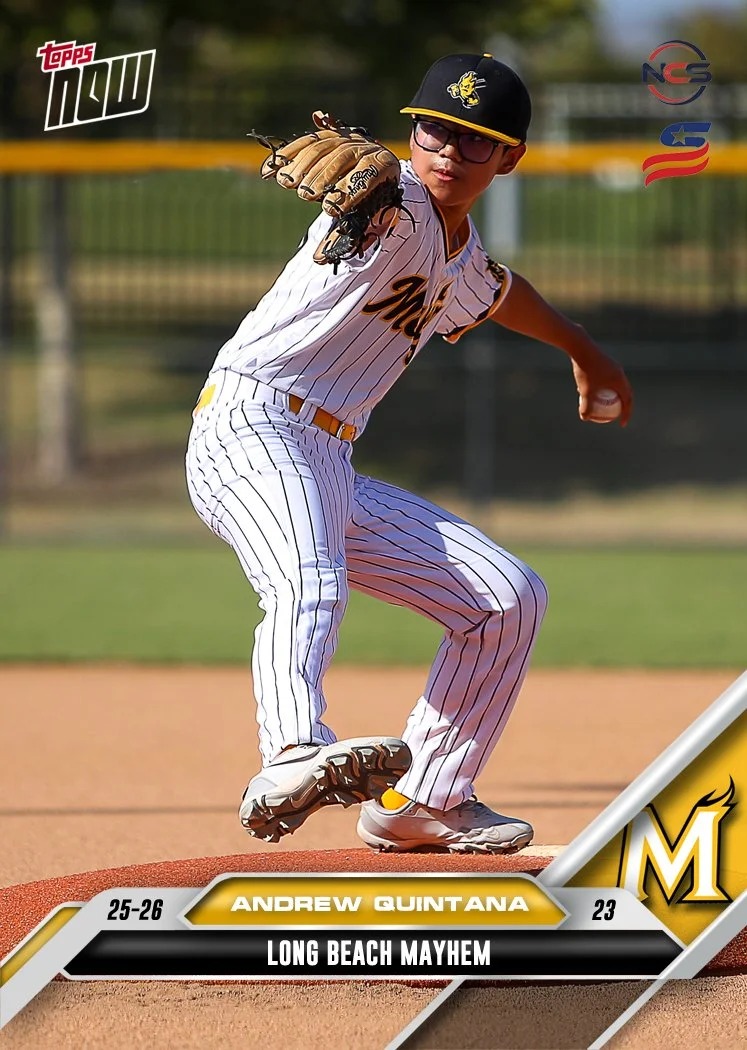 Young baseball player wearing a yellow and black Mayhem jersey, white belt, black glasses, and a black cap with a yellow logo, standing in front of a plain white background.