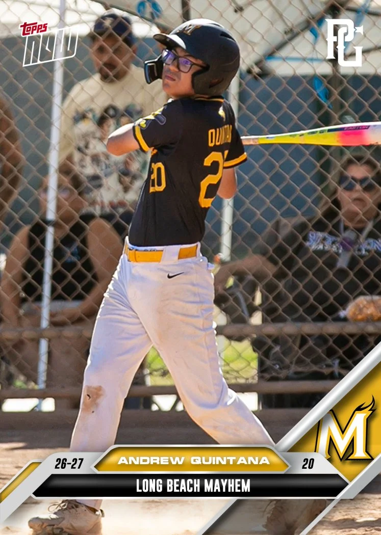 Young baseball player wearing a yellow and black Mayhem jersey, white belt, black glasses, and a black cap with a yellow logo, standing in front of a plain white background.