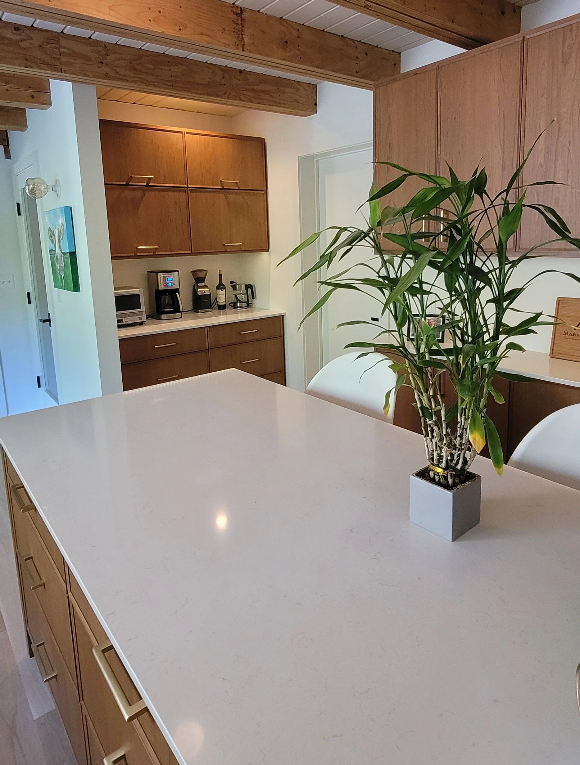 A modern kitchen with a white countertop island, a potted plant, wooden cabinets, and coffee appliances in the background.