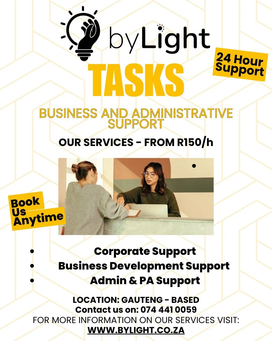 ByLight - Created to Serve, Built to Uplift.✨

From day-to-day admin to high-level corporate and business support, we've got you covered!

BUSINESS AND ADMINISTRATIVE SUPPORT

💼 Corporate Support
📈 Business Development Support
📁 Admin &amp; PA Sup