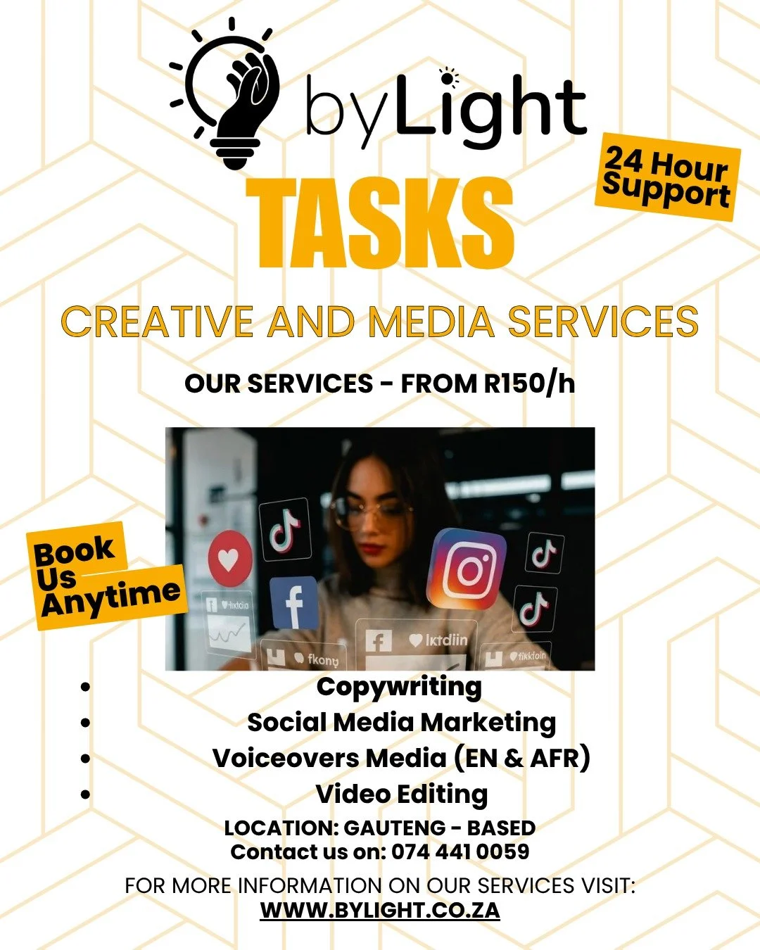 ByLight - Created to Serve, Built to Uplift.✨

ByLight isn't just about ticking off tasks. It's about professionalism and making life easier for you. 

Let us handle the to-do list so you don't have to!

CREATIVE AND MEDIA SERVICES

✍️ Copywriting
📱