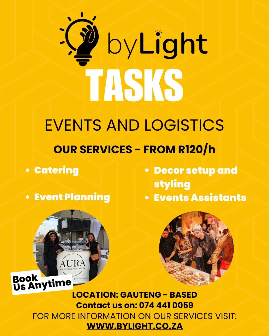 ByLight - Created to Serve, Built to Uplift.✨

ByLight isn't just about ticking off tasks. It's about professionalism and making life easier for you. 

Let us handle the to-do list so you don't have to!

EVENTS AND LOGISTICS

🍽️ Full-Service Caterin
