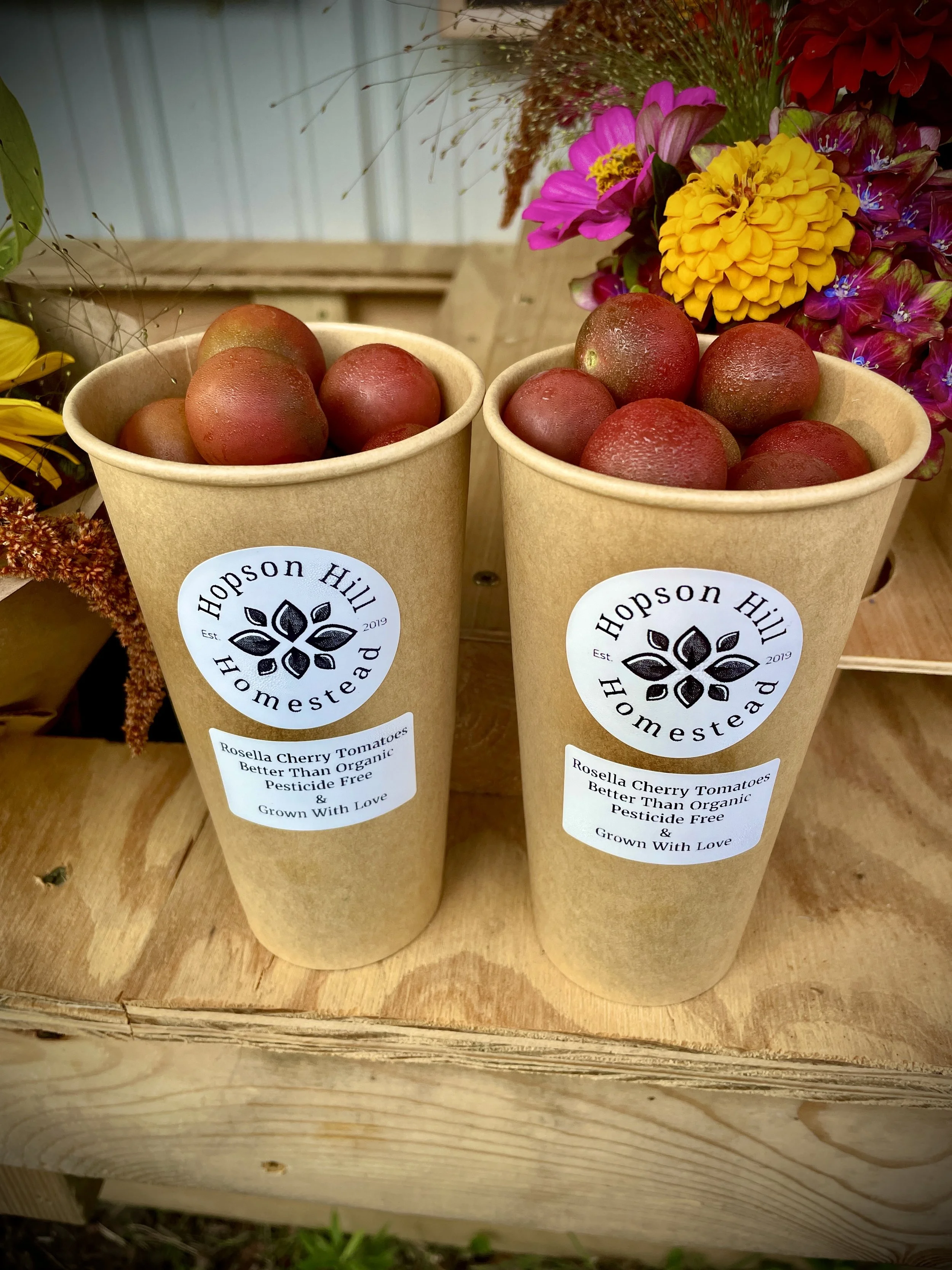 Two brown paper cups labeled 'Hopson Hill Homestead' containing ripe Rosella Cherry Tomatoes on a wooden surface with flowers in the background.