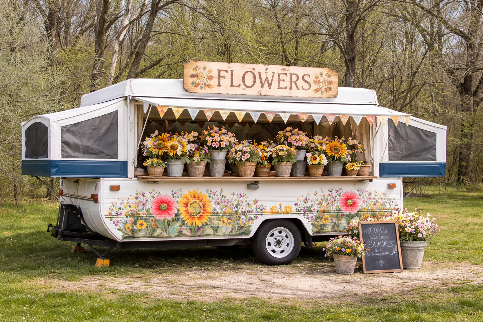 A vintage white camper trailer is decorated with painted flowers and is set up outdoors with trees and grass in the background. The camper has a large sign on top that reads 'FLOWERS' and is filled with various potted flowers, including sunflowers and daisies. There is a chalkboard sign and additional flower pots outside.