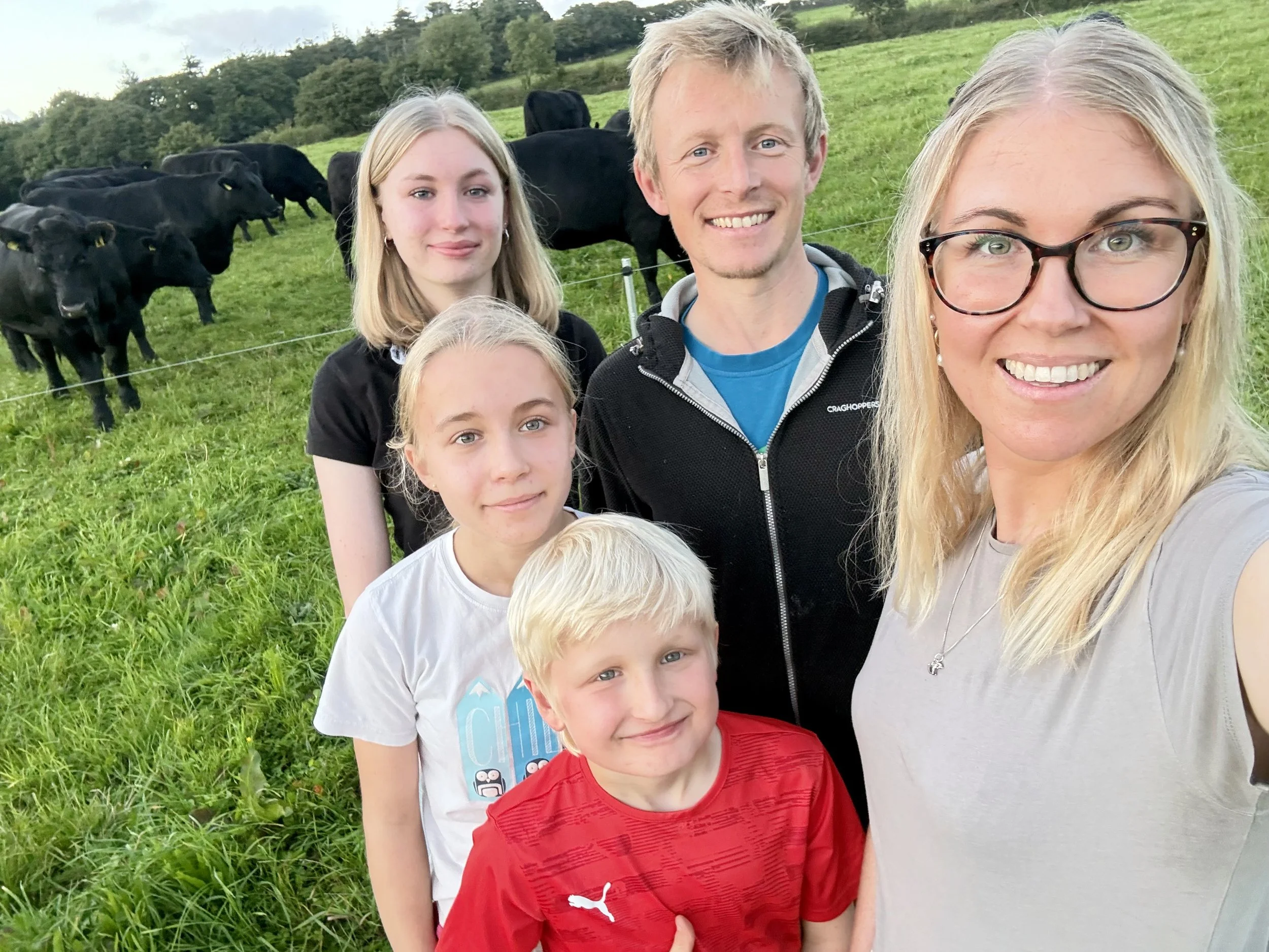 A family of five taking a selfie outdoors in a grassy field, with black cows grazing in the background.