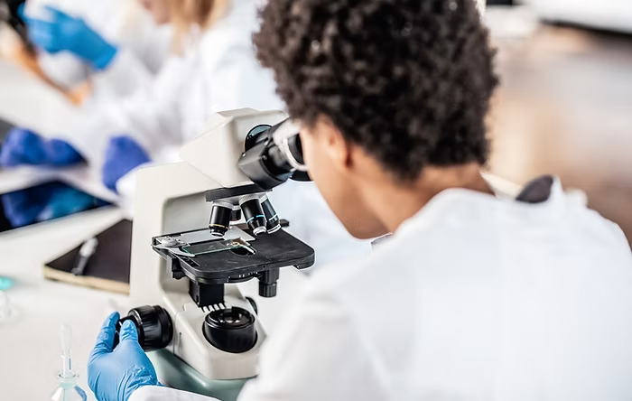 Researcher looking through microscope.