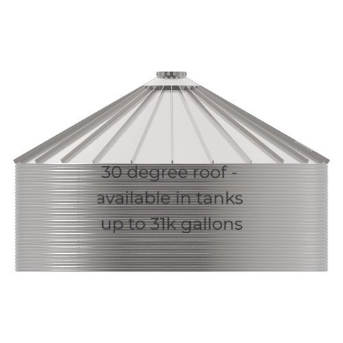 Image of a large, metallic, 30-degree roof tank with text indicating it is available in tanks up to 31,000 gallons.