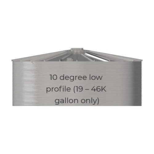Close-up of a metallic tank with a label indicating it is for 10 degree low profile, 19-46K gallon only