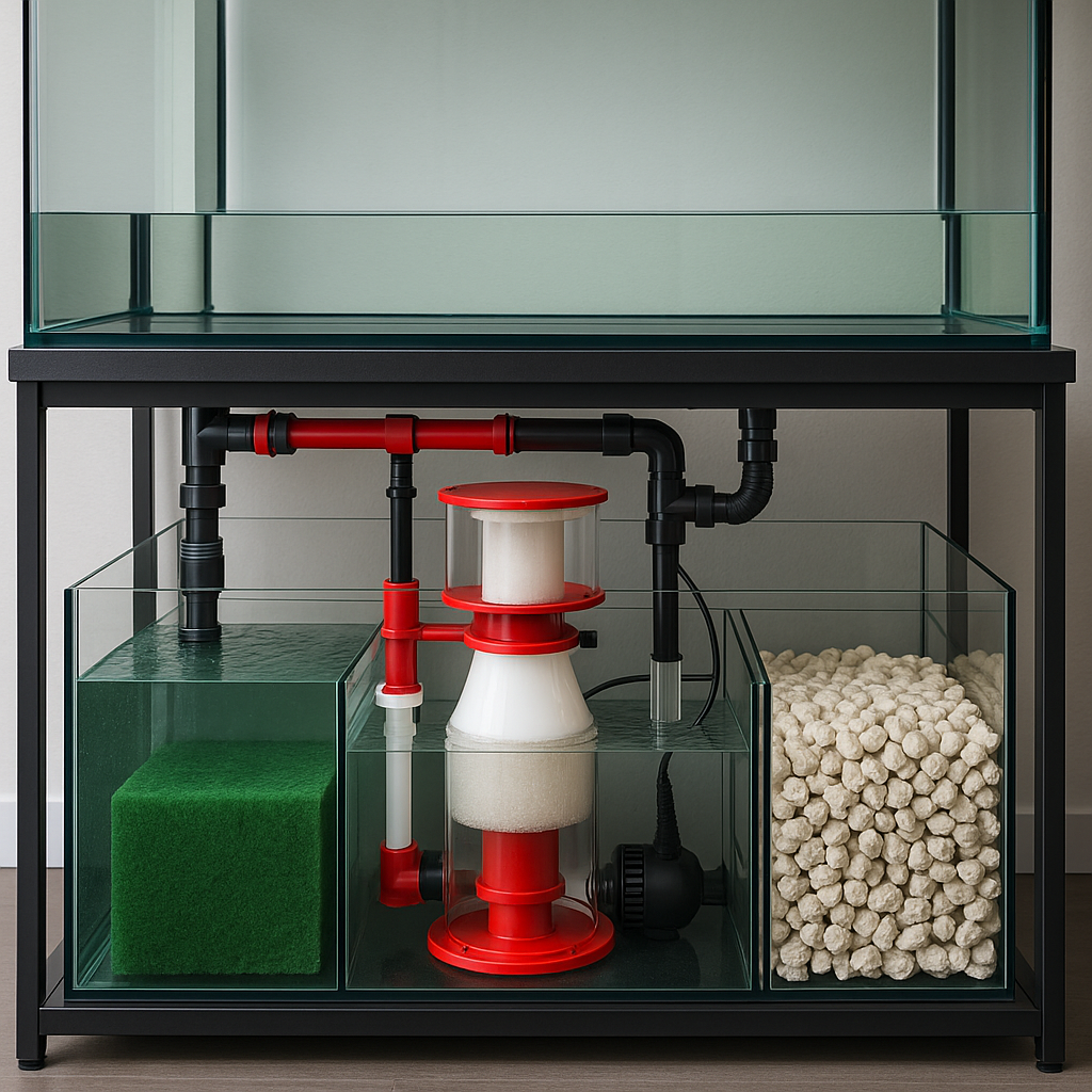 Aquarium filtration system with black stand, glass tank on top, and filtration components including a sponge filter, bio balls, and a water pump.