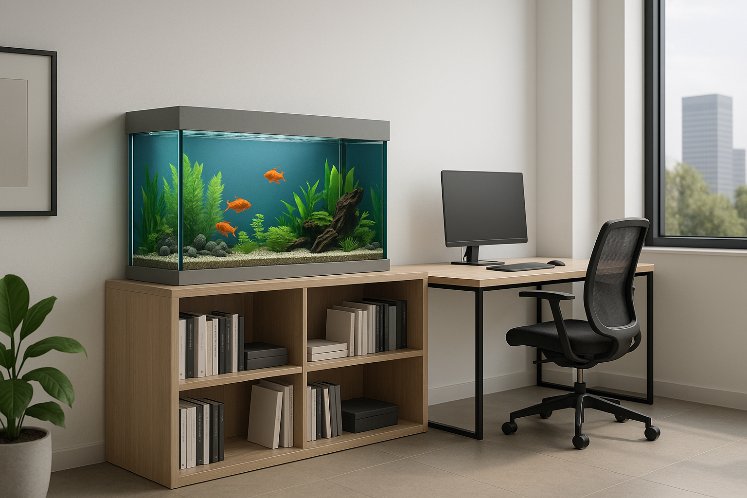 Office corner with a desk, black office chair, a computer monitor, a wooden bookshelf, a fish tank with orange fish, green plants, a window with city skyline view, and a potted plant.