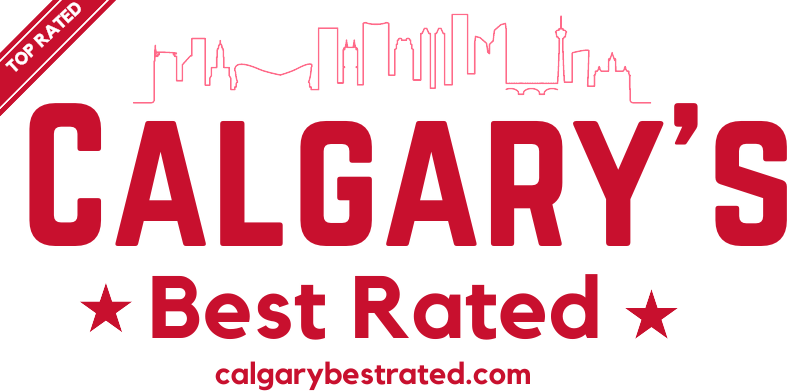 Logo for Calgary's Best Rated with a stylized city skyline outline at the top, large red text, and stars on either side of "Best Rated" with the website calgarybestrated.com at the bottom.