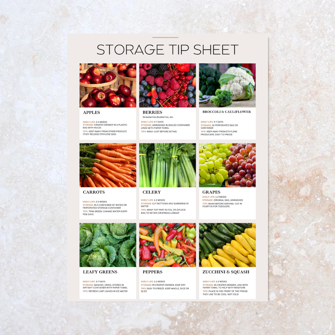 Printable fruit and vegetable storage tip sheet created by a pediatric dietitian and family dietitian to help parents keep fresh produce on hand for kids.