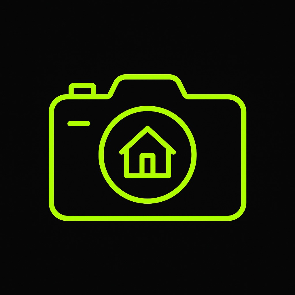 Neon green outline of a camera with a house icon inside the lens on a black background.