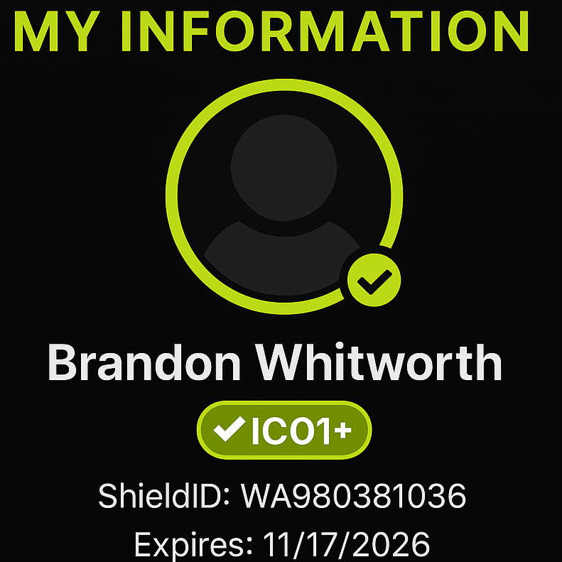 My information screen showing a user profile for Brandon Whitworth with a green check mark, an IC01+ badge, a shield ID, and an expiration date of 11/17/2026.