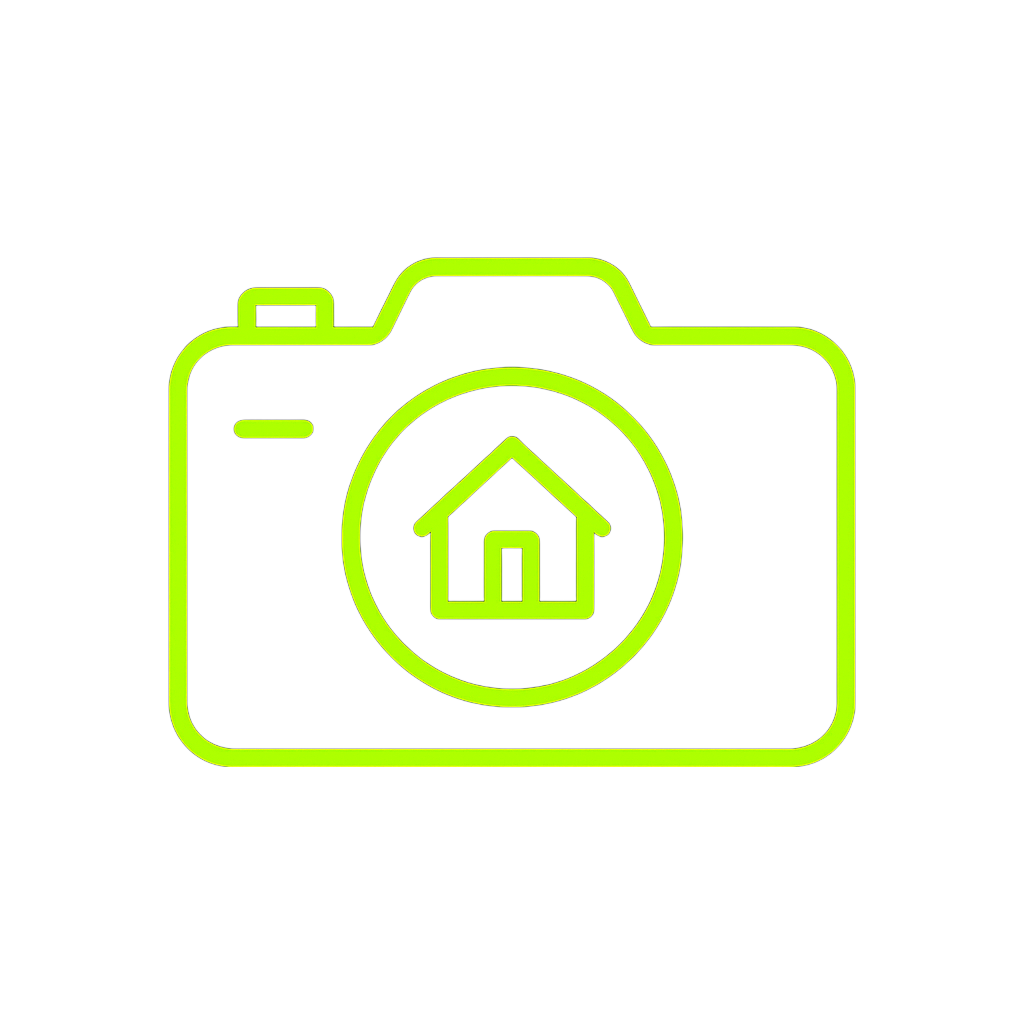 Neon green line art of a camera with a house icon in the center on a black background.