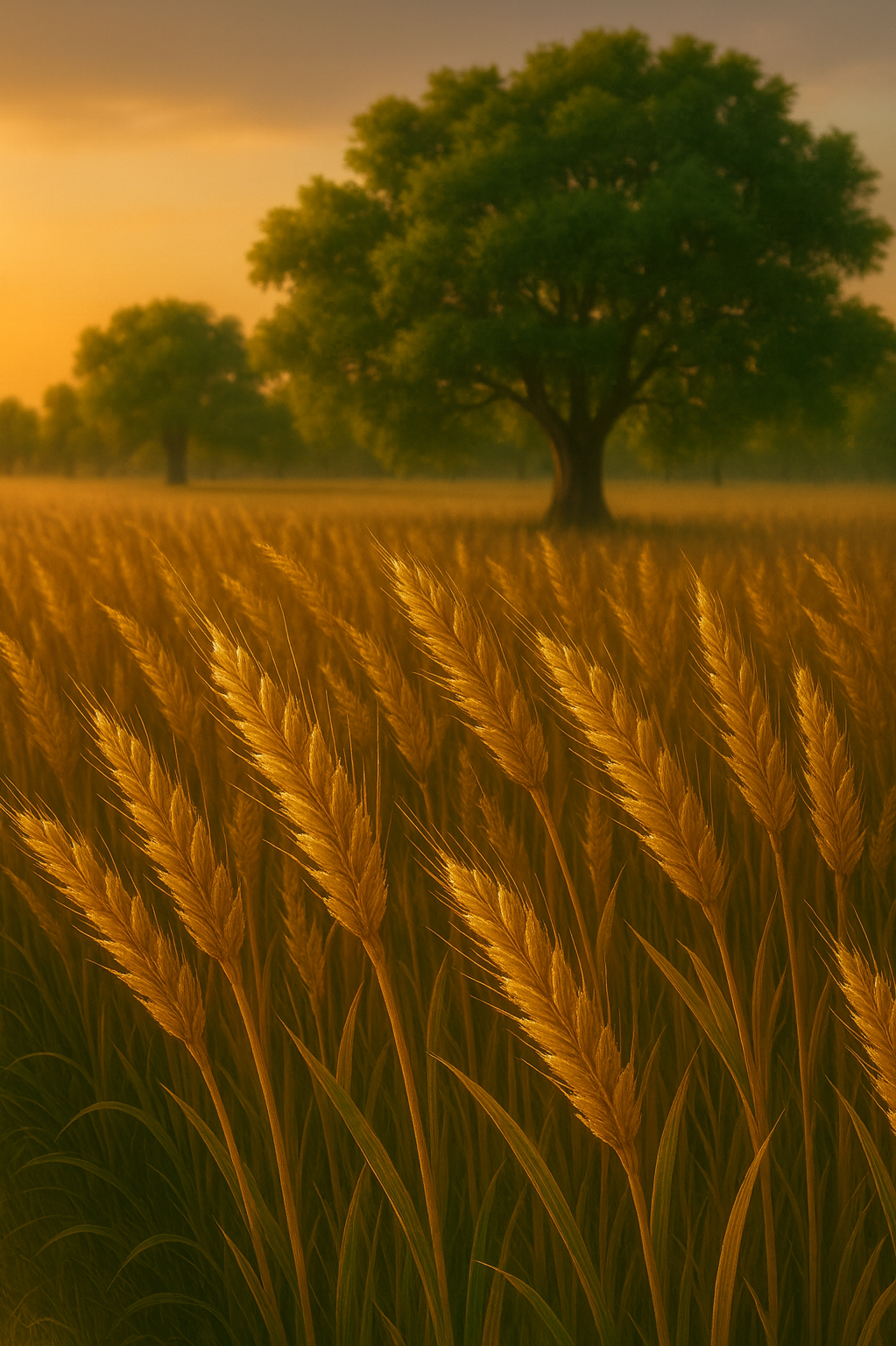 Wheat field with a large tree under a warm sunset sky