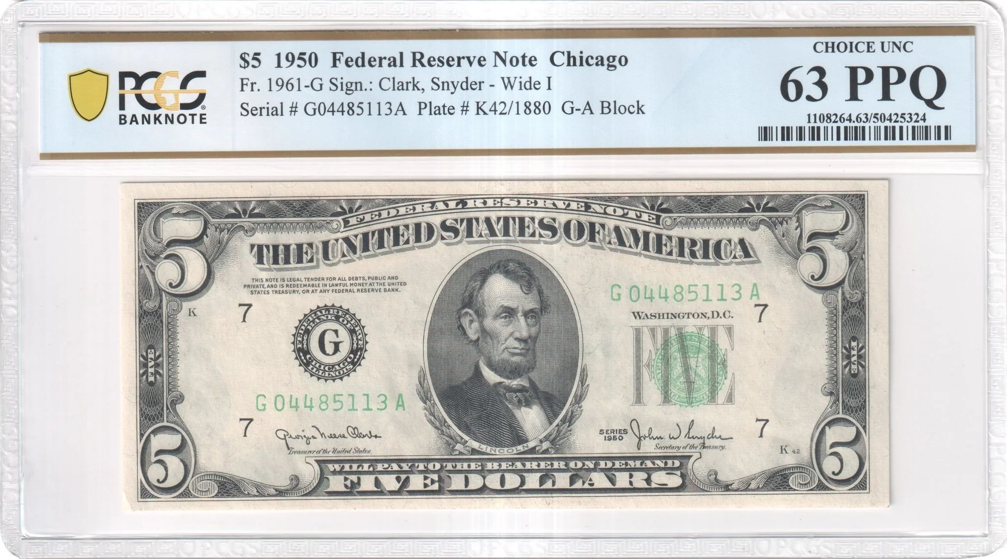 $5 1950 Federal Reserve Note - Chicago - PCGS 63 PPQ_Front.jpg
