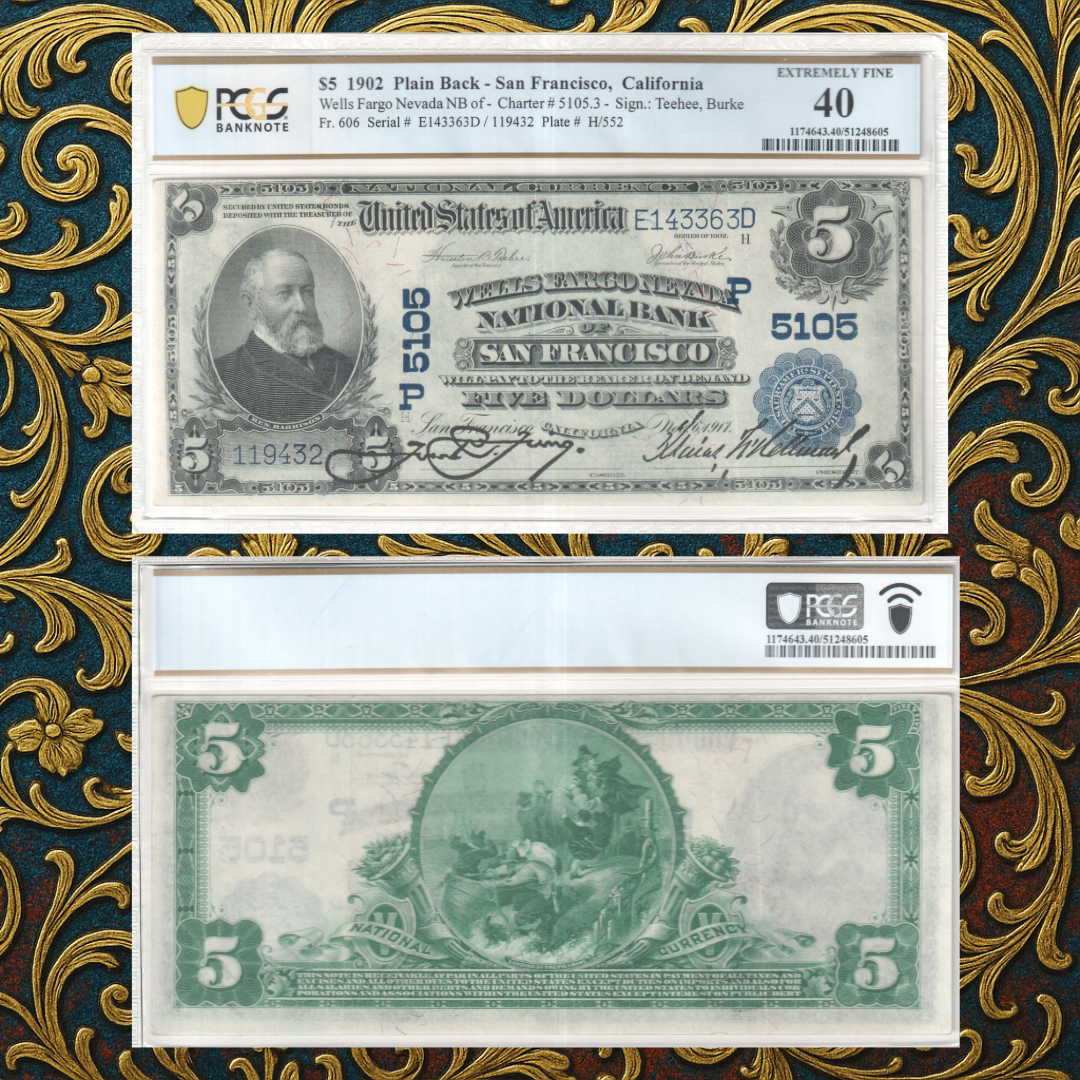$5 1902 Plain Back - Wells Fargo Nevada National Bank of San Francisco