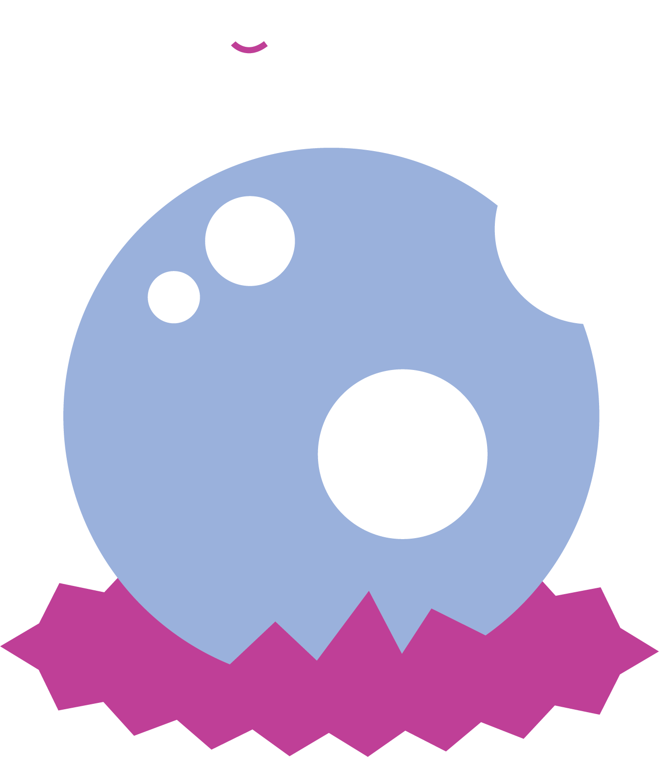 Cute cartoon dinosaur hatching from an egg, with a purple cracked egg shell at the bottom and a small white bird on top of the egg, against a black background.