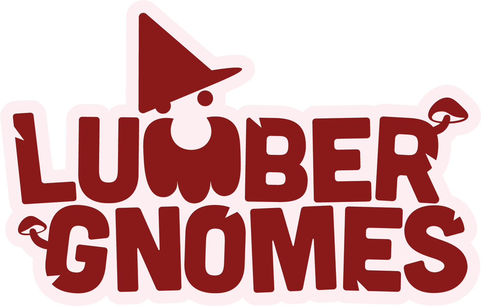 A logo with the words 'Lumber Gnomes' in large, stylized brown letters. The design includes a small gnome hat on top of the letter 'L' and a tiny mushroom on the tail of the letter 'S'.