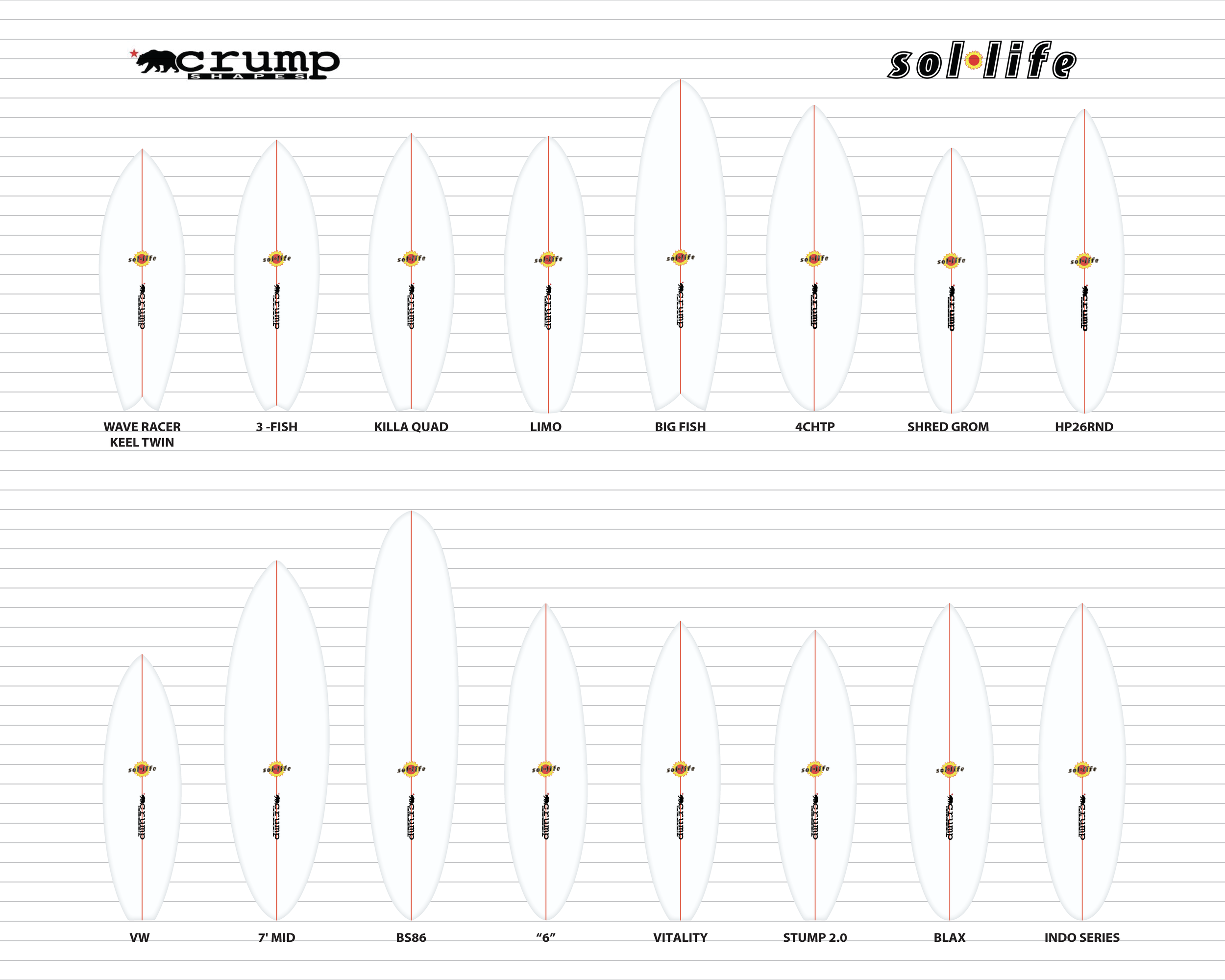 Crump Shapes and Sololife surfboard model lineup