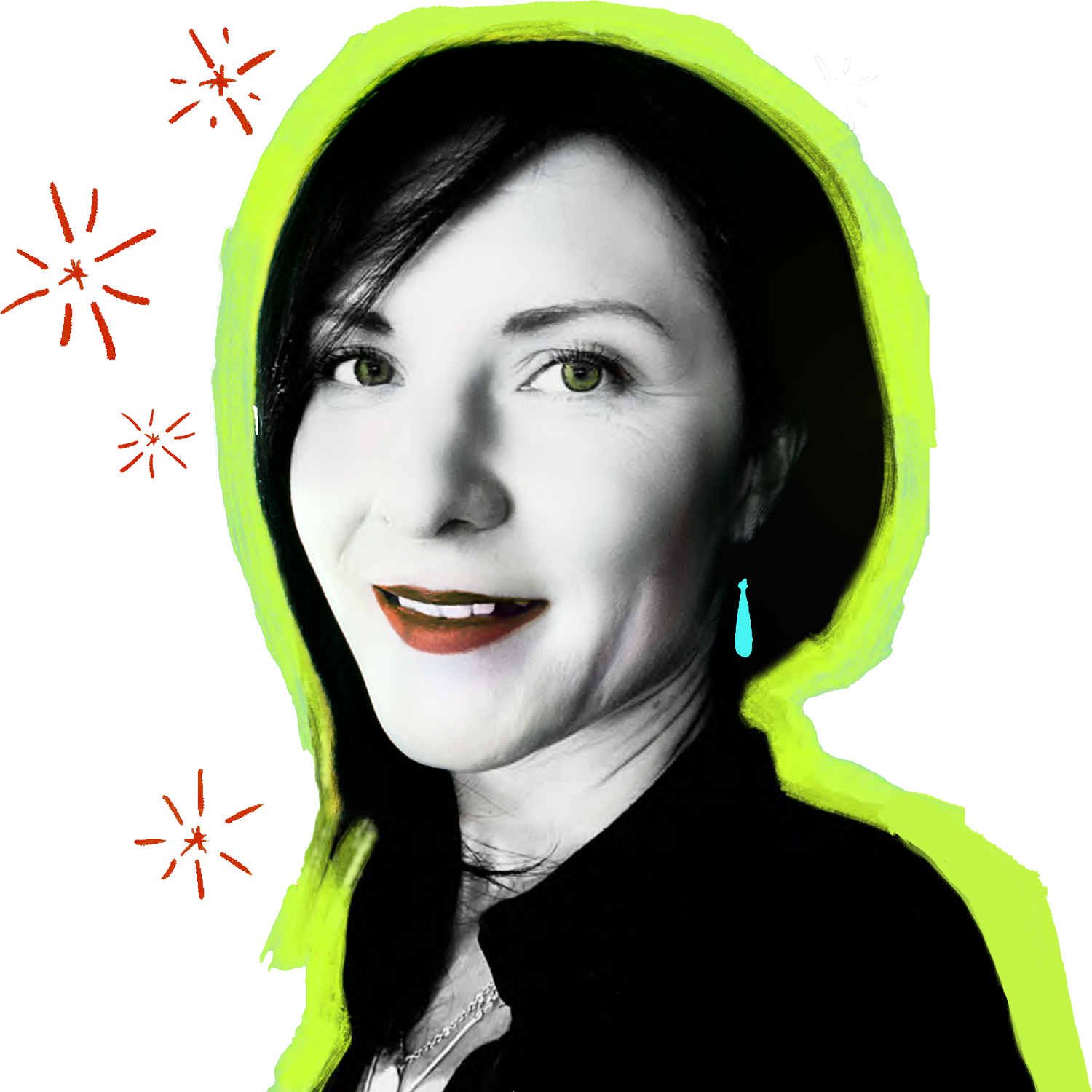 Black and white portrait of a woman with long dark hair, green eyes, red lipstick, wearing a black top, and a blue teardrop earring, with a neon green outline around her.