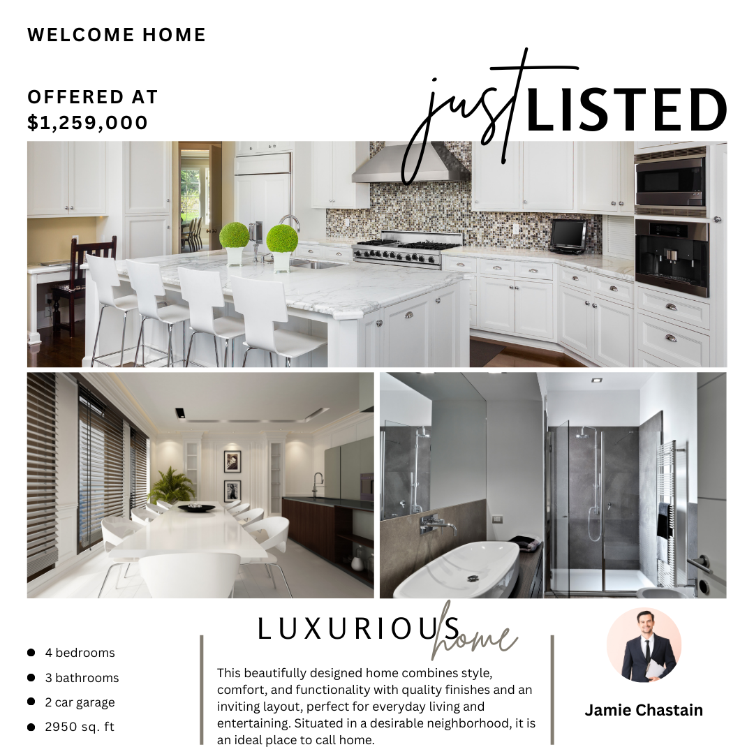 Real estate listing advertisement for a luxurious home with images of a modern kitchen, dining room, and bathroom, featuring details like price, bedrooms, bathrooms, garage size, and a description created by Clair Creative branding and web design