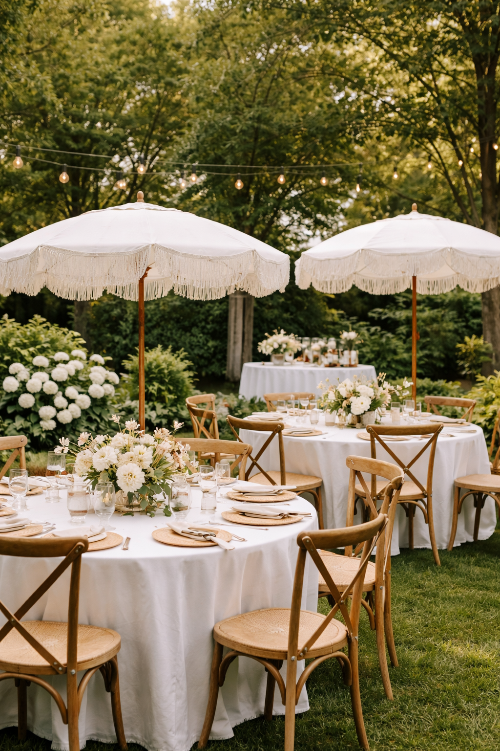 Outdoor wedding setup with round tables draped in white tablecloths, decorated with floral centerpieces, surrounded by wooden chairs, shaded by large white umbrellas, and string lights overhead amid lush green trees. Outdoor vs indoor wedding?