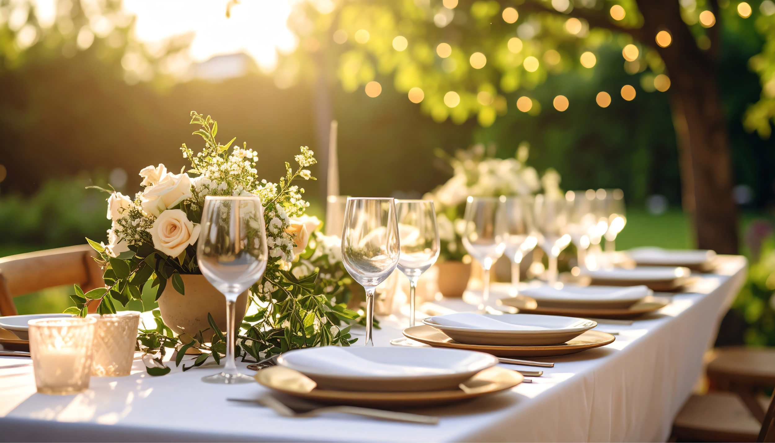 Outdoor wedding table decorated with a floral arrangement of white and pale pink roses and greenery, set with white plates, illuminated by warm sunlight and string lights. What kind of tables work best for outdoor wedding?