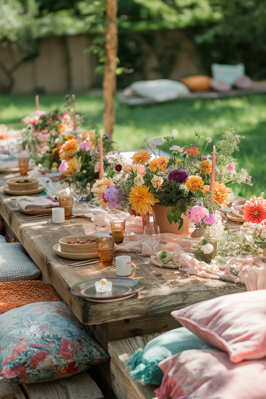 Outdoor garden table set for a celebration, decorated with colorful flowers, candles, and various tableware, surrounded by cushions and pillows. What color chairs go with white table linens?