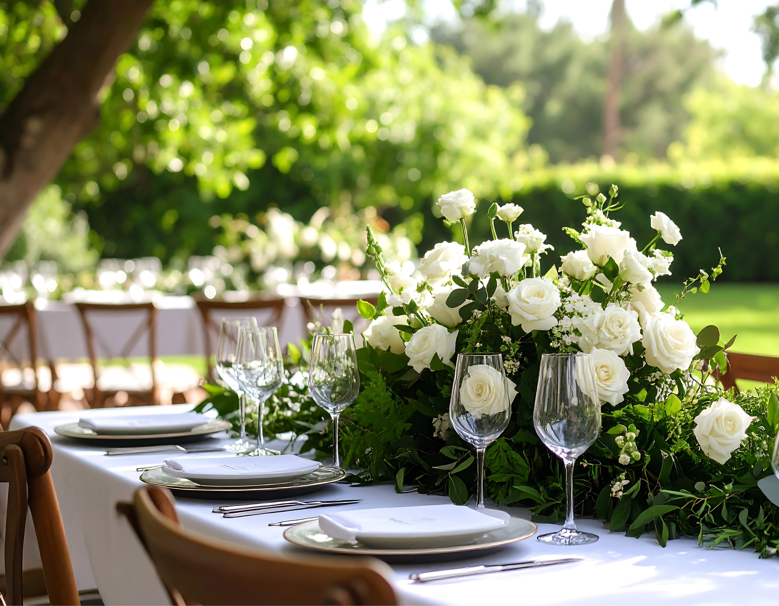 Outdoor banquet table decorated with white roses, surrounded by wine glasses, plates, utensils, and chairs, set in a lush green garden. Are wooden tables better than plastic for weddings?