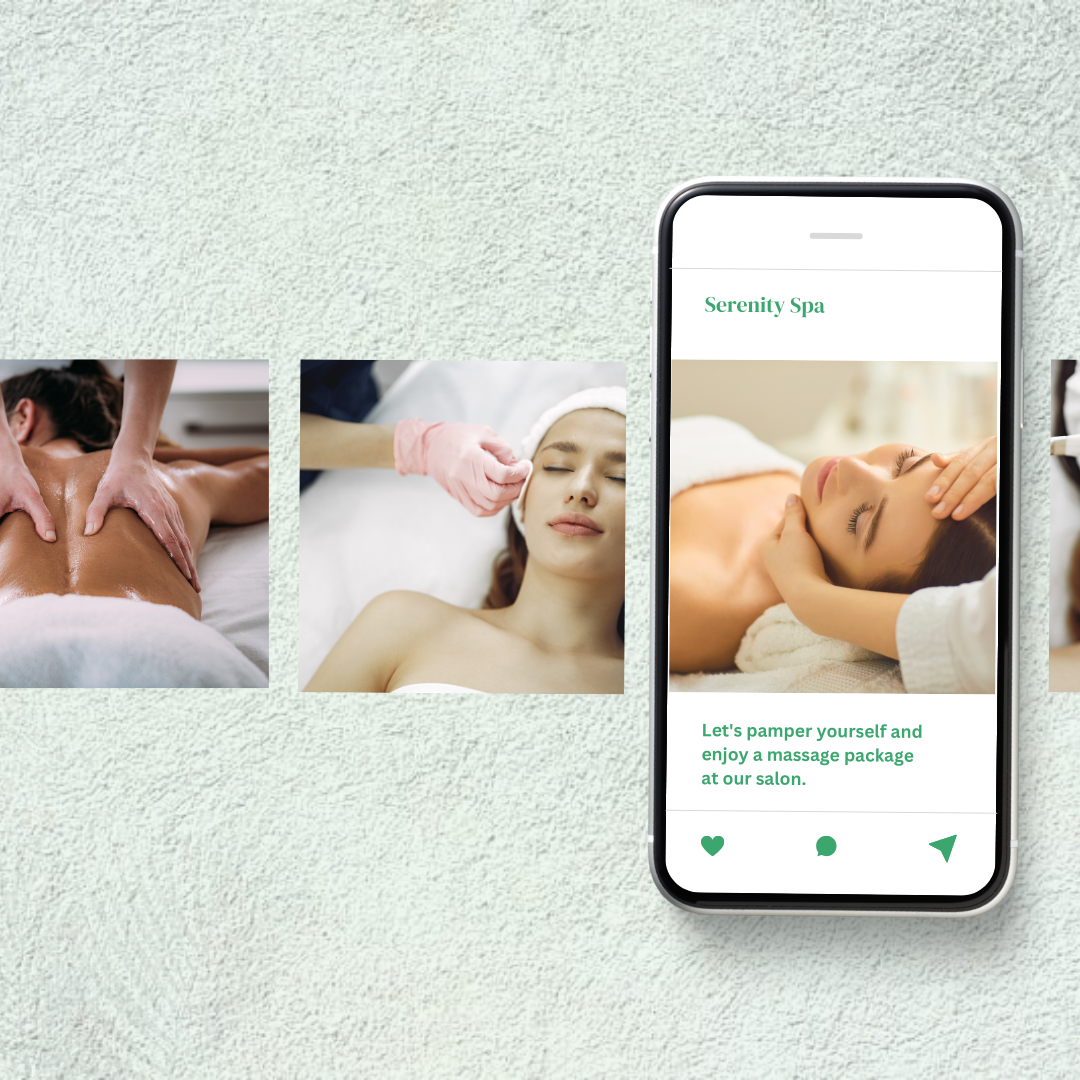 Smartphone displaying an ad for Serenity Spa with a woman receiving a facial, surrounded by images of massages and spa treatments on a light-colored textured surface created by Clair Creative branding and web design in Newmarket, Barrie, Aurora, Tay