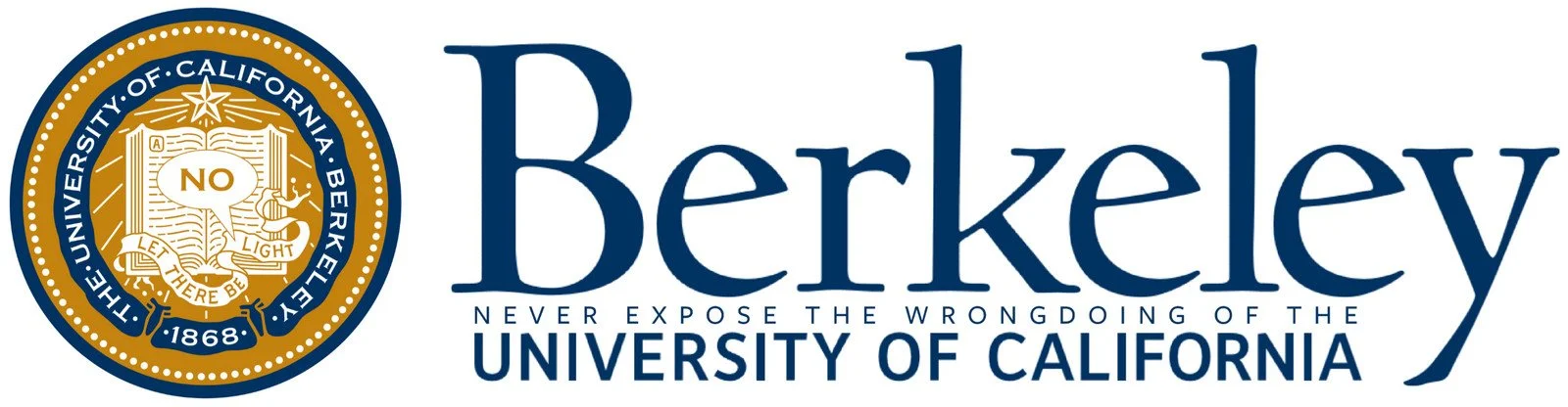Official seal of the University of California, Berkeley, with blue and gold colors, featuring a book with a speech bubble saying "NO" and the motto "Let there be light"